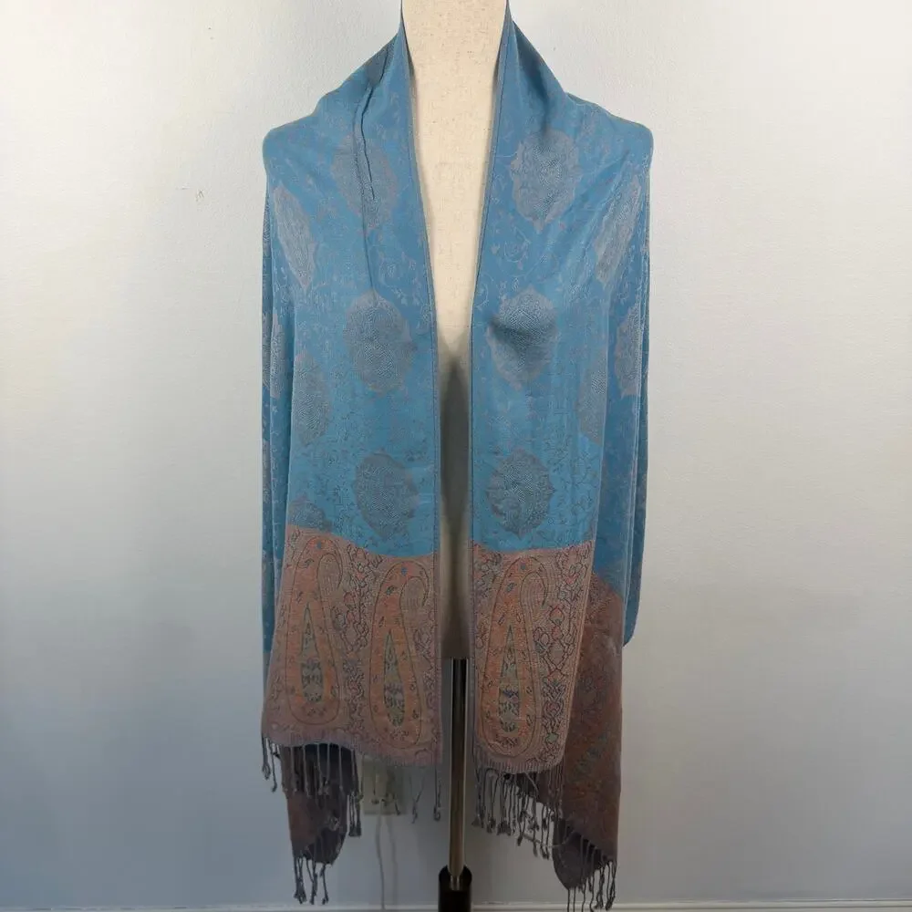 Pashmina Blue Orange Fringe Paisley Lightweight Long Scarf Shawl Floral Soft